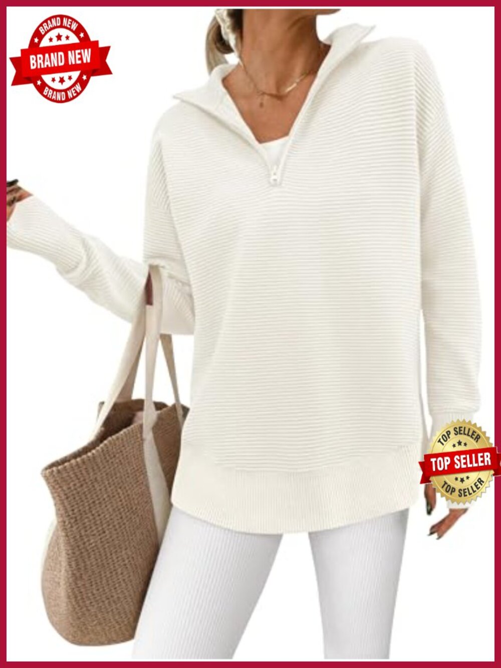 Womens Ribbed Knit Quarter Zip Pullover Sweater Loose Fit